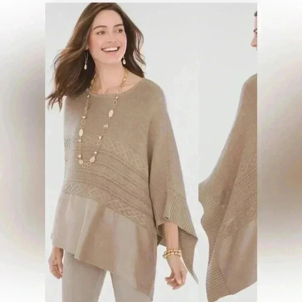 Chico s sueded trim knit poncho tan brown asymmetrical size xl.
